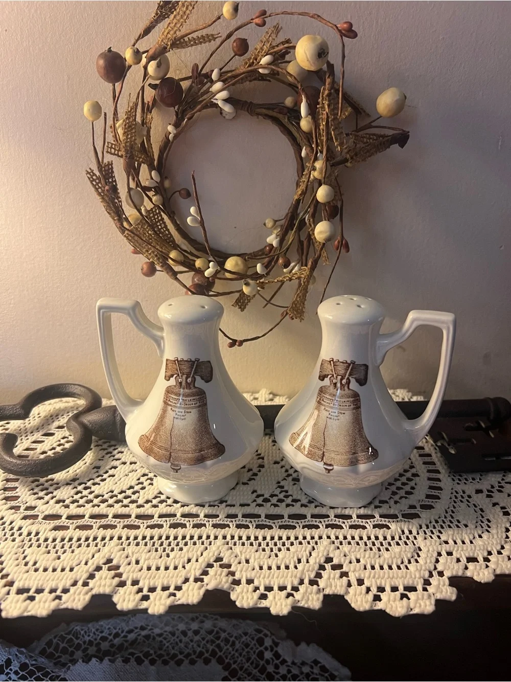 Ironstone Americana Liberty Bell brown off white salt & pepper shakers